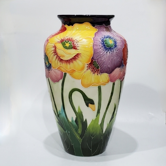 11 3/4" Bold Cloisonné Styl Asian Poppies Dramic Black + Floral Ceramic Art Vase - Picture 15 of 15